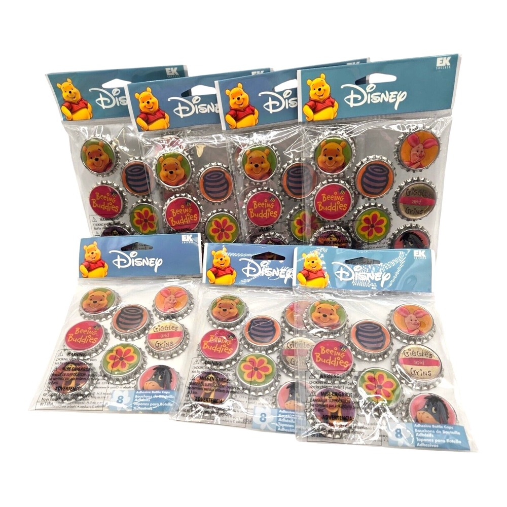 Winnie The Pooh Piglet Eyeore Bottle Caps  56 total   Lot of 7 NOS Kids Crafts